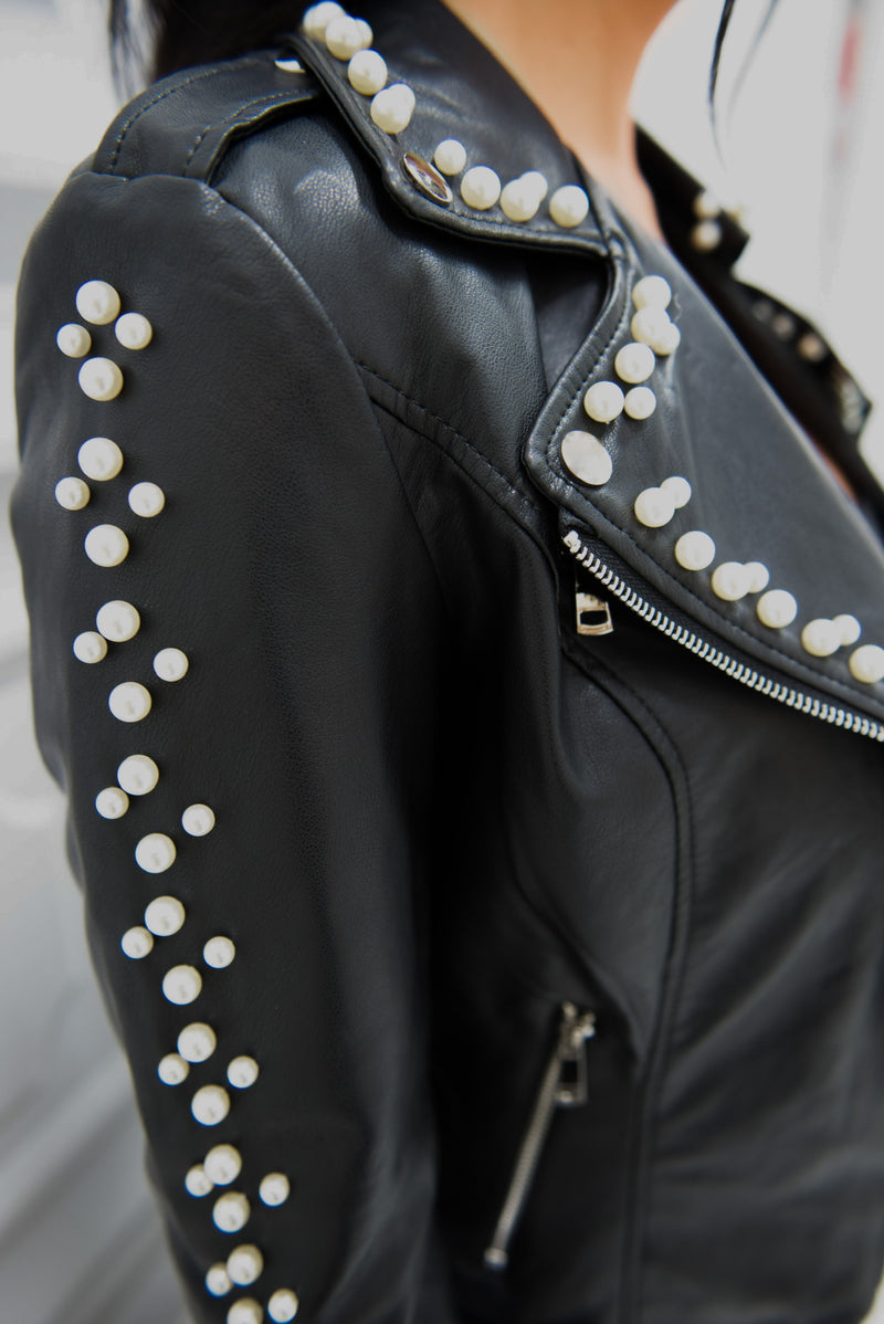 Leather jacket with pearl details