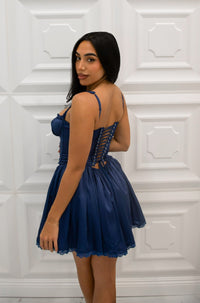 Satin corset detail mini dress with adjustable corset back