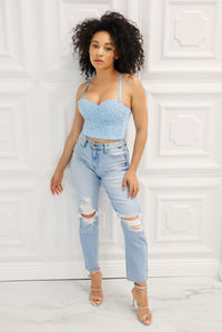 High rise distressed mom jeans in light wash