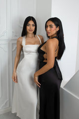 Satin adjustable cross back midi dress