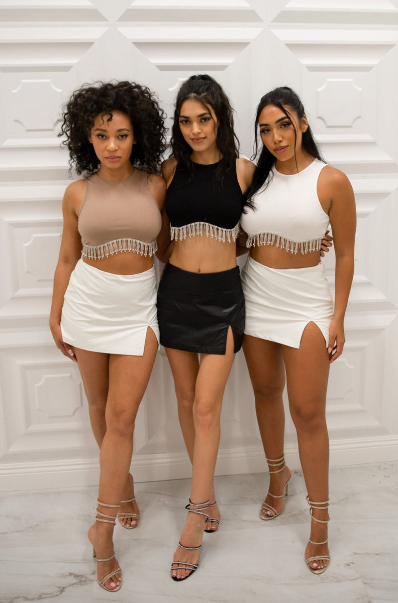 Ribbed cropped tank with rhinestone fringe in black nude and white
