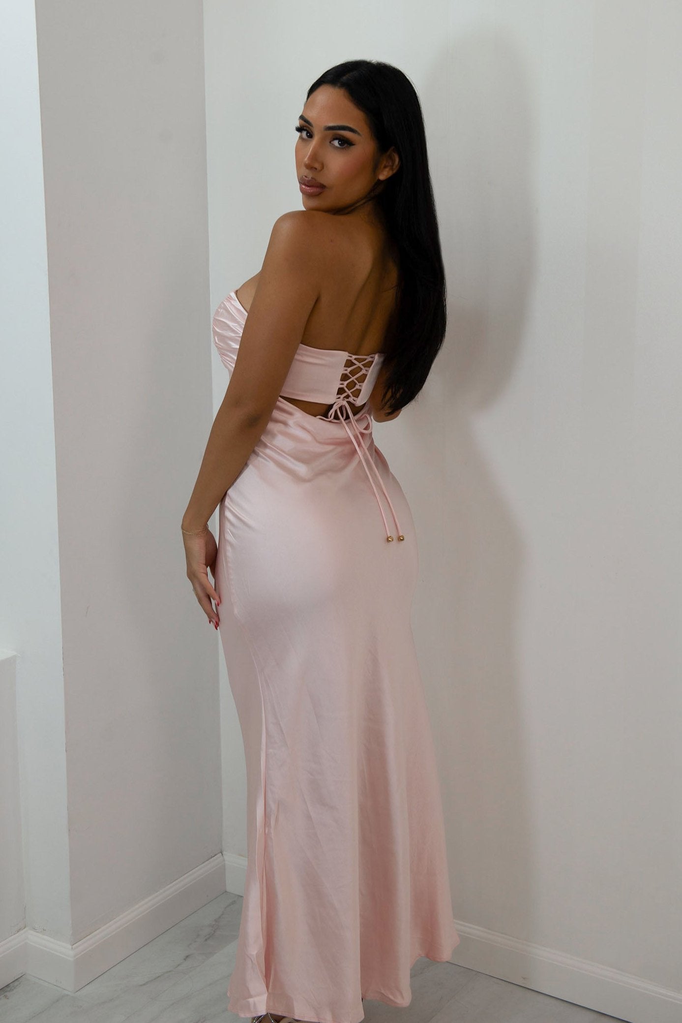 Strapless satin maxi dress with curtain back and adjustable corset