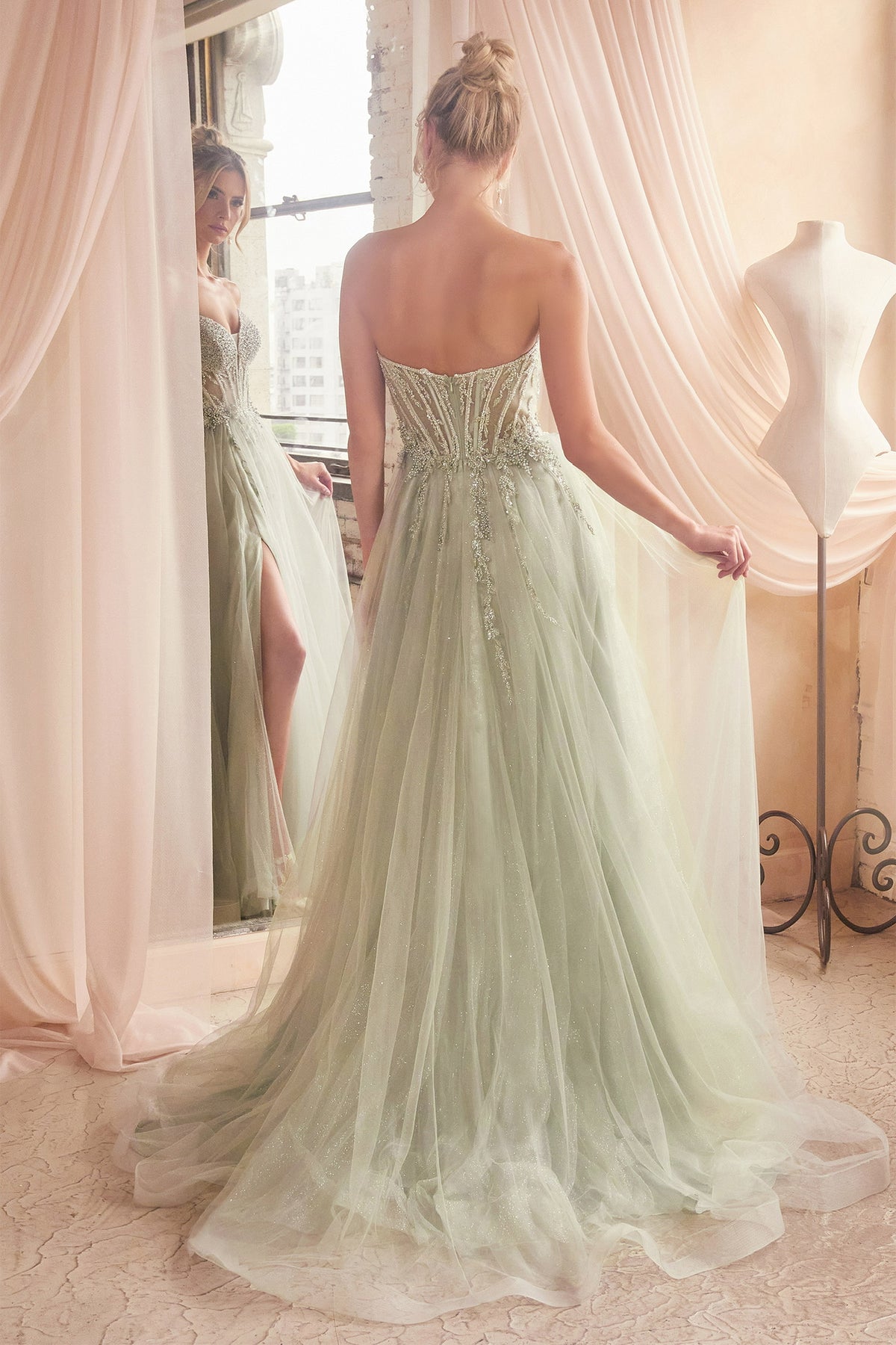 A-line embellished maxi gown with plunging neckline and side slit