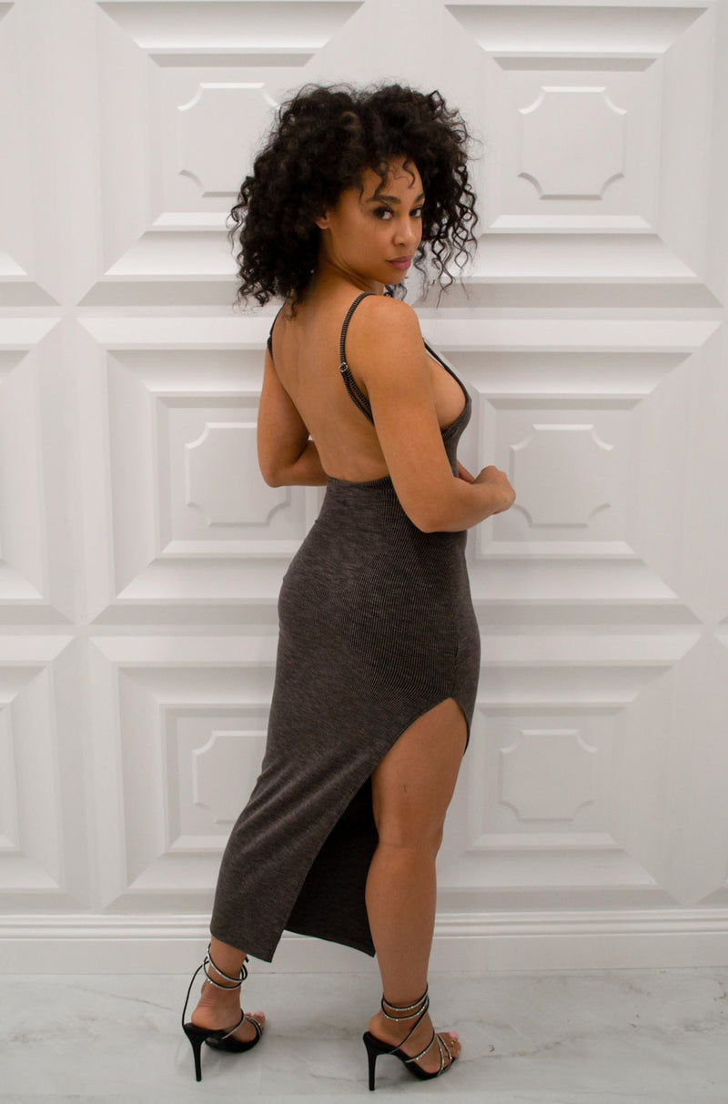 Ribbed low back midi dress with side slit, adjustable straps, and matching cardigan in charcoal