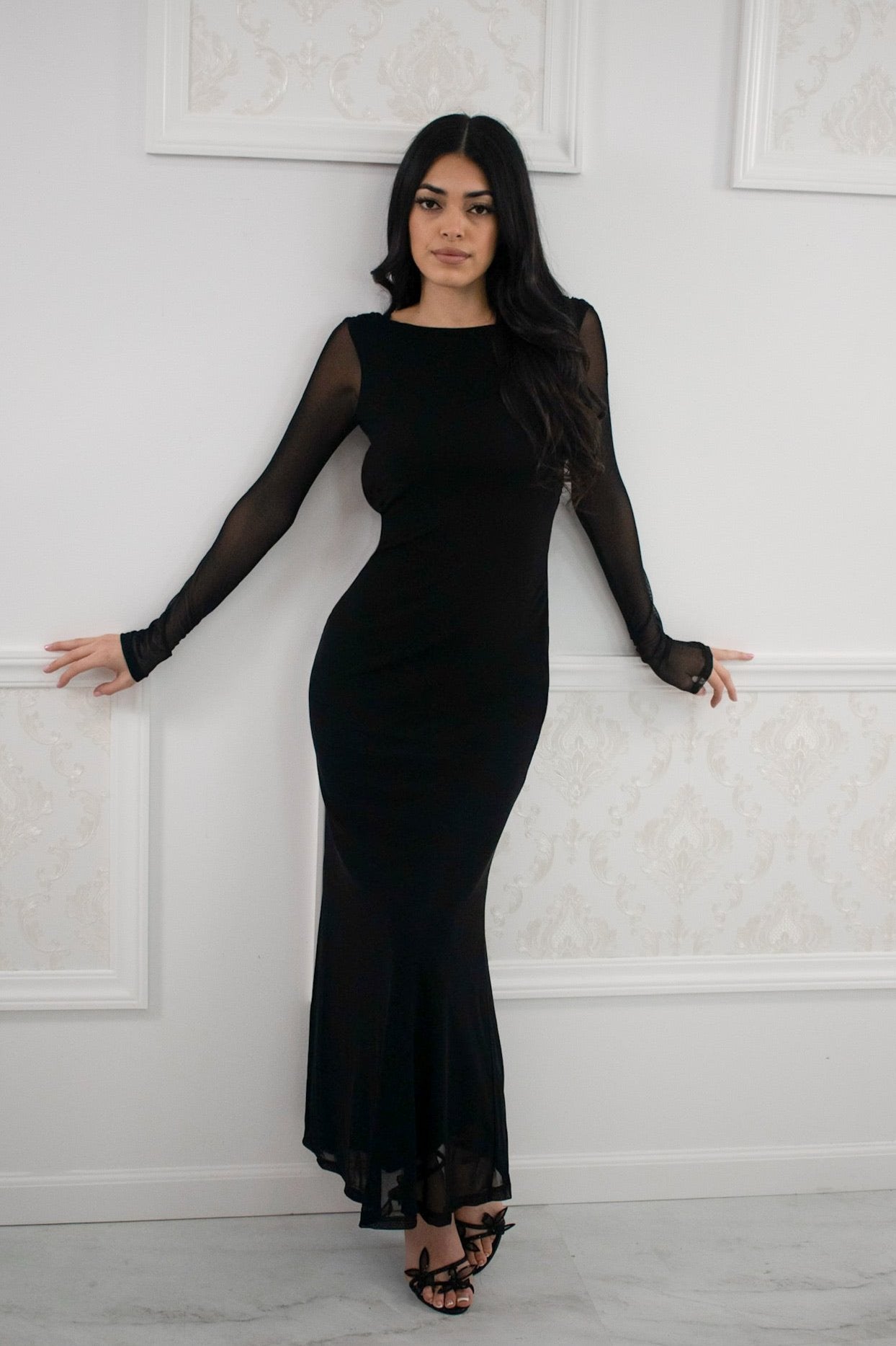 Long sleeve, high neck mesh maxi dress with low plunging deep v back