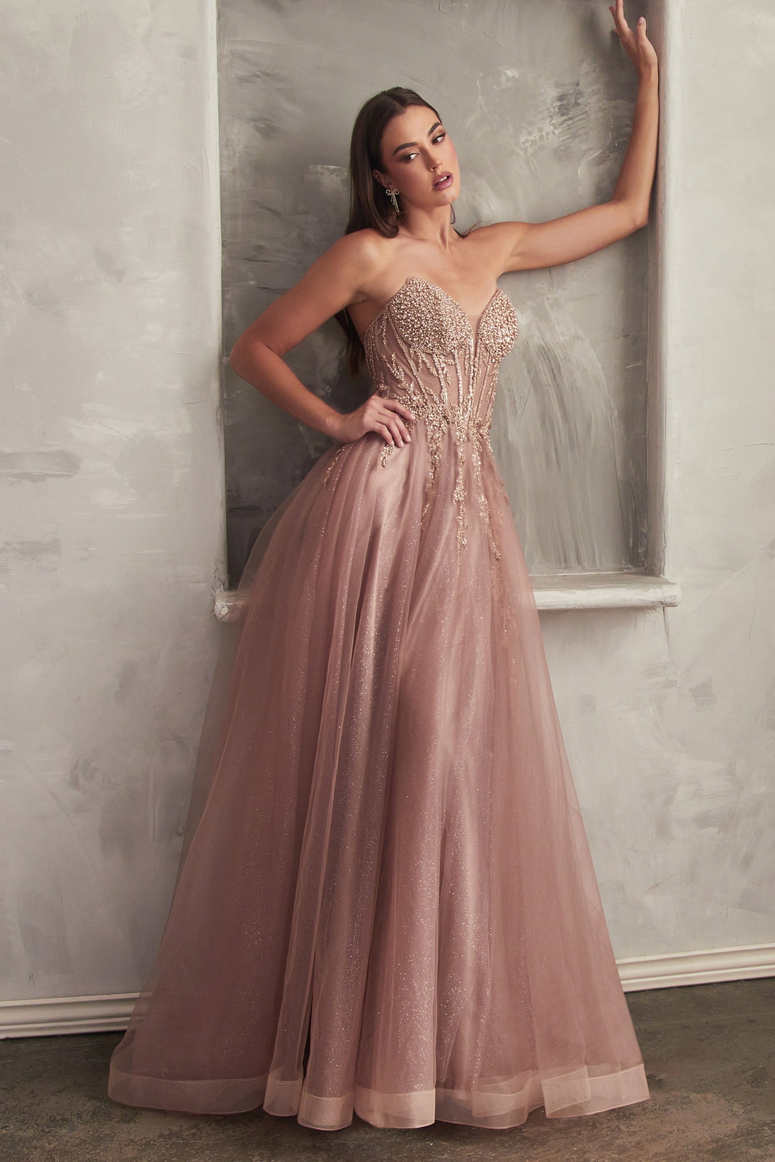 A-line embellished maxi gown with plunging neckline and side slit