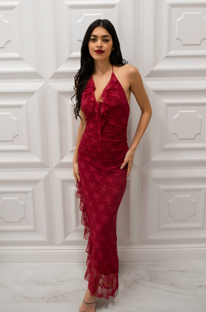 Lace halter midi dress with high-low side slit