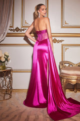 Strapless satin corset maxi gown with embellished detail, side slit, and tail