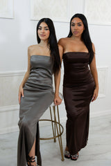 Strapless satin bodycon midi dress with side slit