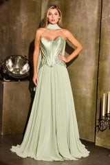 sculpted satin corset bodice, it features delicate crystal embellishments that trace along the neckline and waist