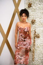 Floral print midi dress with open back, adjustable ties and back slit