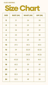 Size chart for clothing with measurements in inches