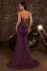 corset back strapless gown in eggplant color