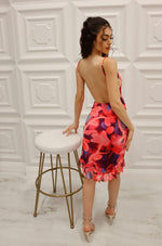 Floral printed backless mesh midi dress with adjustable straps, leg band, and ruffled side slit opening in pink