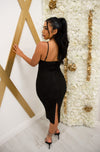 Bodycon midi dress with jagged texture, built-in corset, and adjustable straps