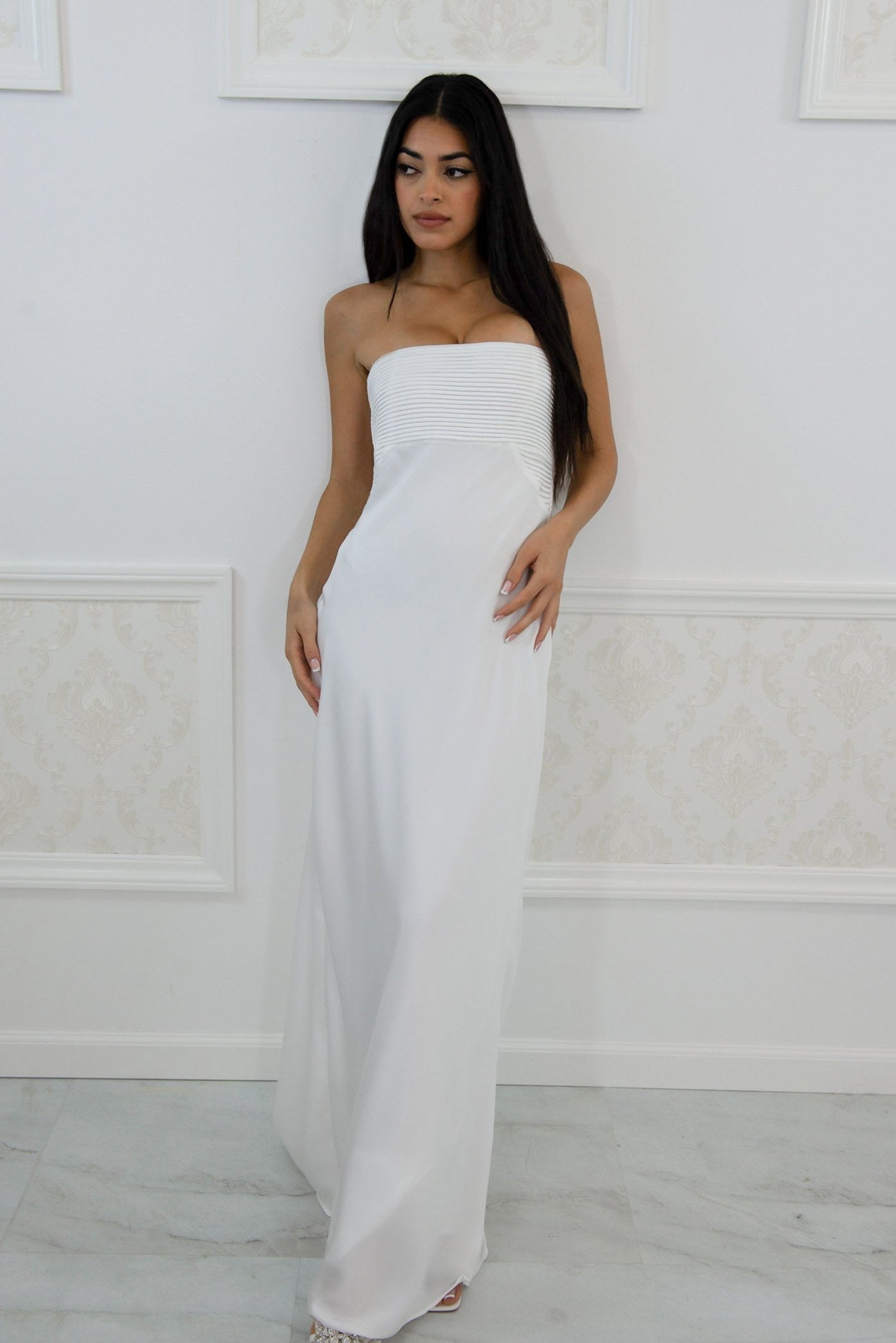 Strapless satin maxi dress