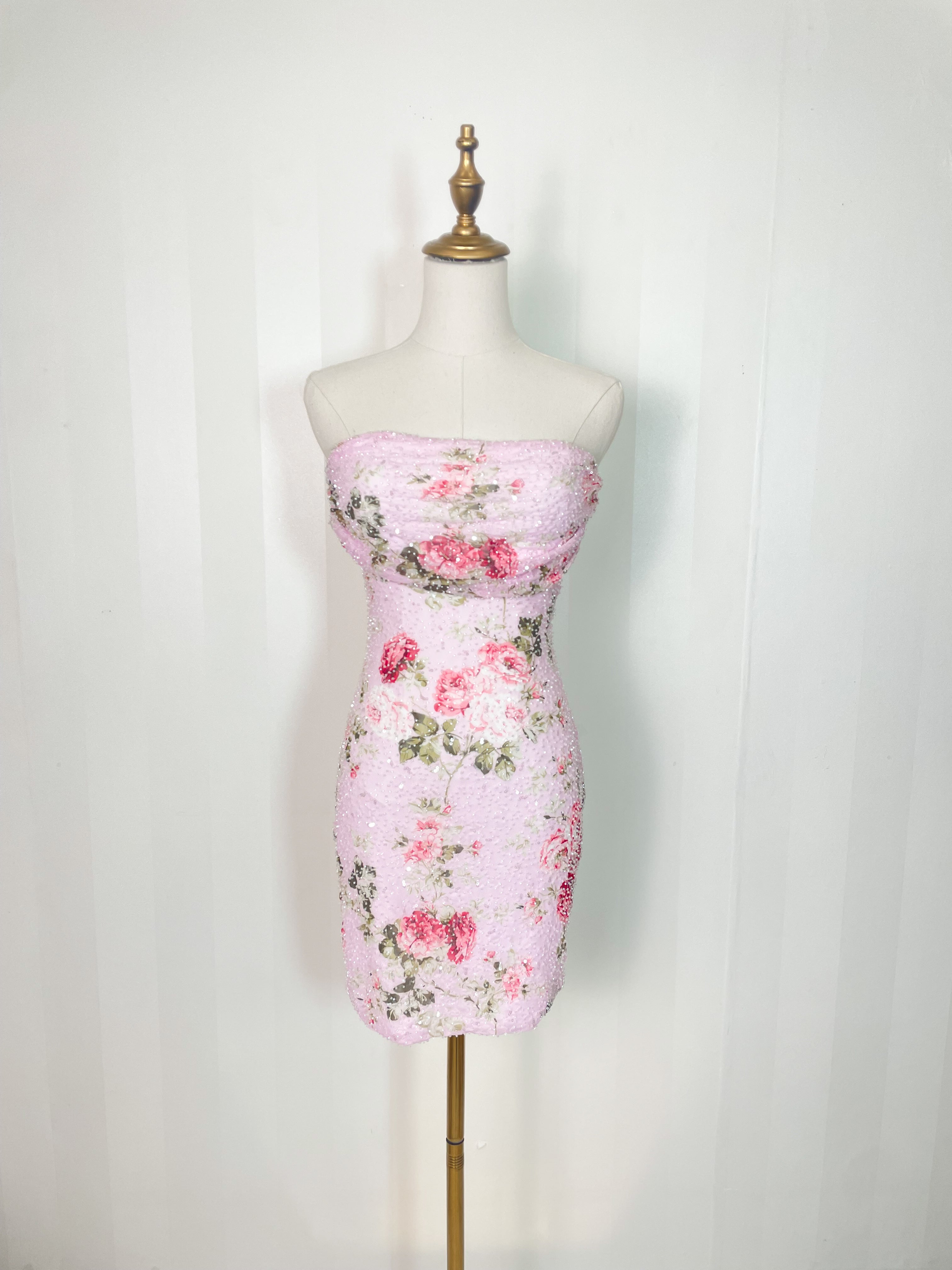 strapless floral embellished sequin mini dress