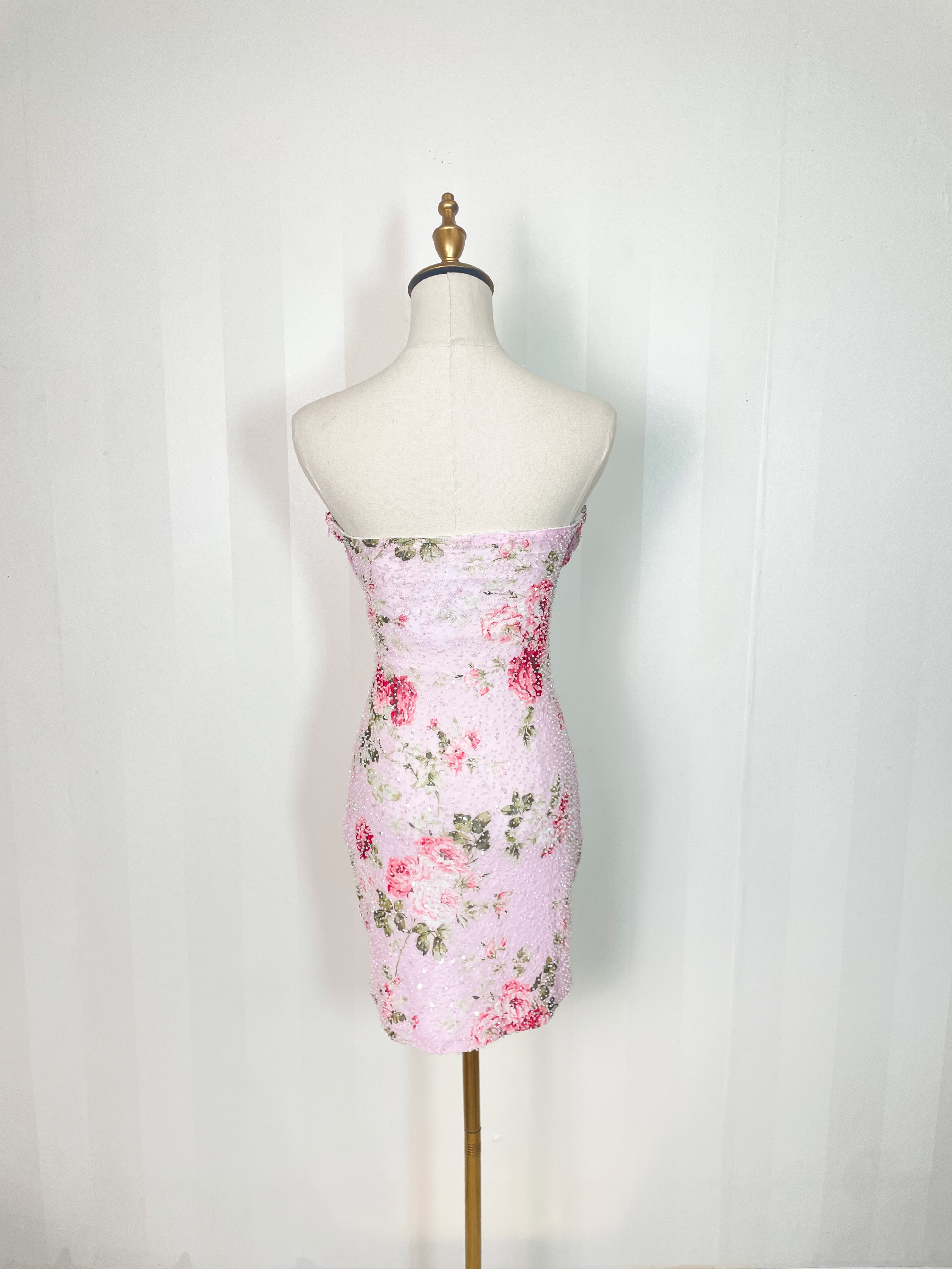 strapless floral embellished sequin mini dress