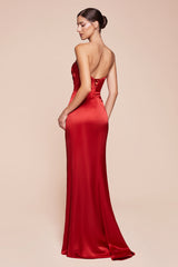 fitted strapless gown, crafted from luxe satin, features a sleek straight neckline, gathered waistline, and elegant leg slit