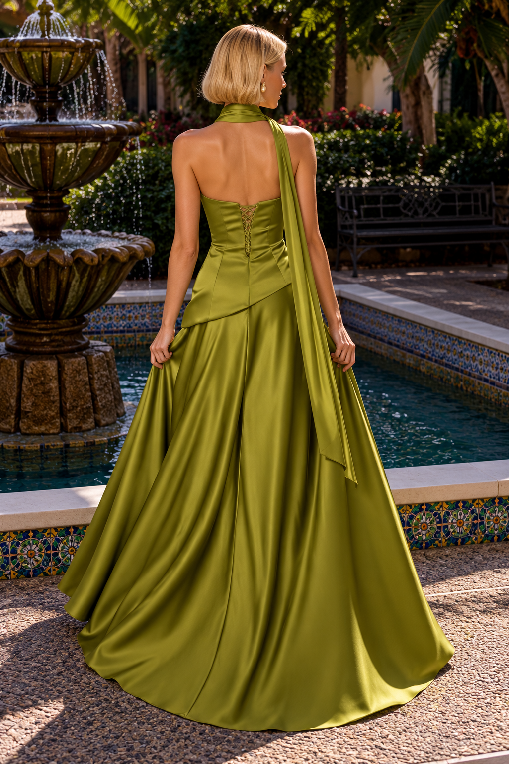 A woman stands outdoors by a fountain and tiled pool wearing a floor-length olive green satin gown, shown from the back. The dress has a halter-style back, structured waist, draped side detail, and a full skirt.
