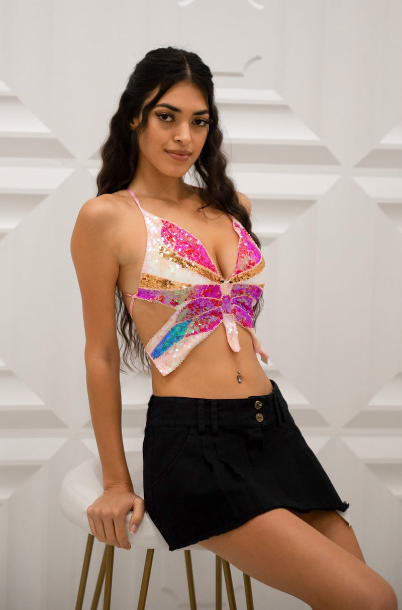Butterfly shape backless top with adjustable self tie in multicolor