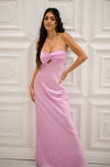 Strapless satin maxi dress with front twist cutout in pink
