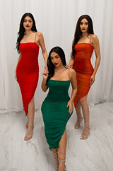 Ruched bodycon maxi dress with side slit, pearl details, and adjustable straps