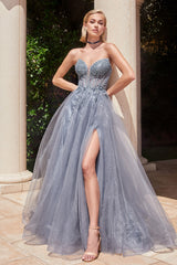 A-line embellished maxi gown with plunging neckline and side slit