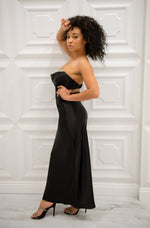 Strapless satin maxi dress with rhinestone details, adjustable back band, and low back