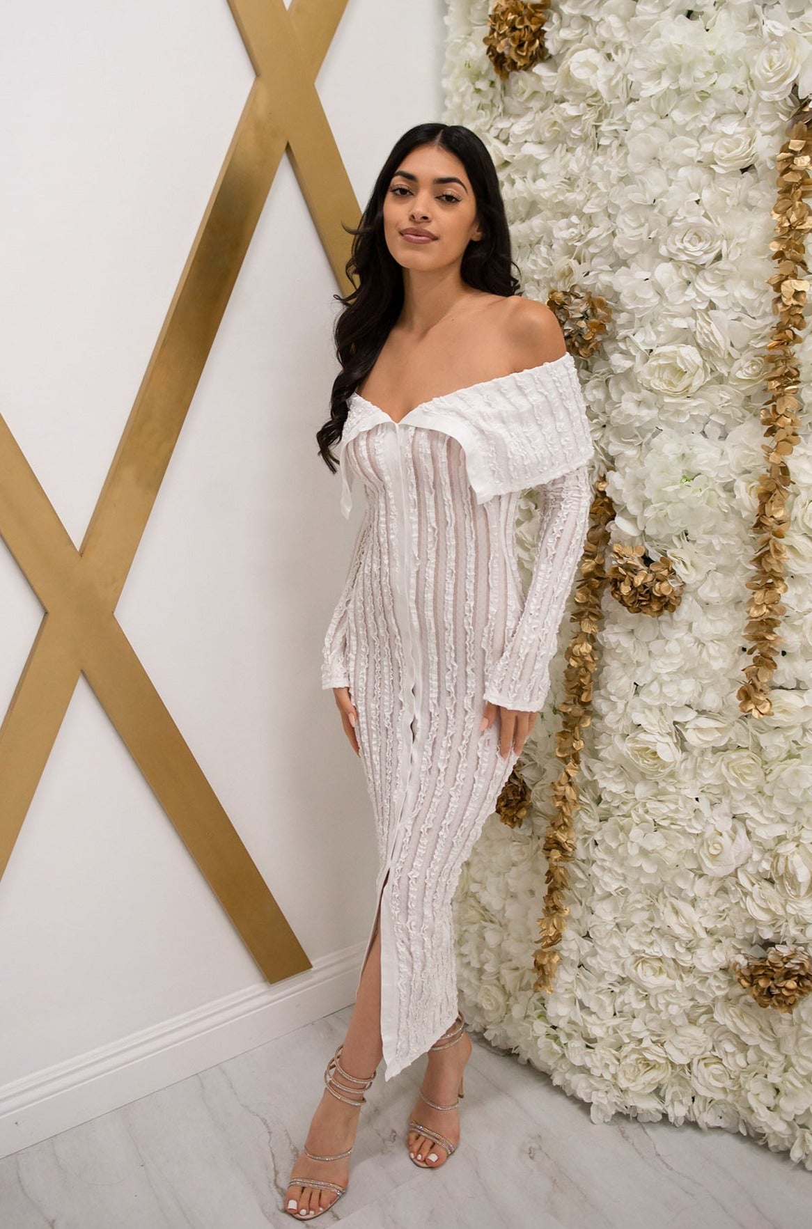 Off the shoulder mesh button down bodycon midi dress with ruffled details