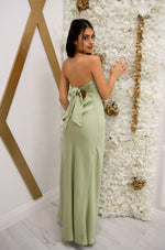 Strapless maxi dress with low open back and adjustable bow tie 