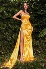 Strapless satin maxi gown with embellished details and tail