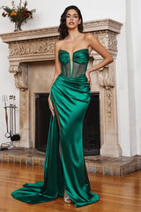 Strapless satin corset maxi gown with embellished detail, side slit, and tail