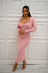 Ribbed low back midi dress with side slit, adjustable straps, and matching cardigan in pink