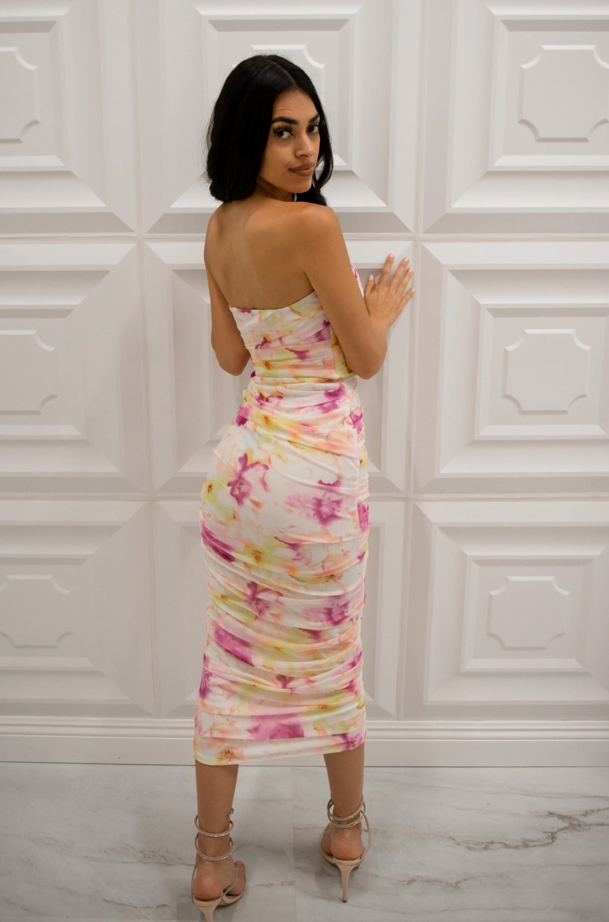 Strapless tie dye bodycon midi dress