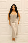 Satin maxi dress with open side cutout and adjustable tie in the back in grey