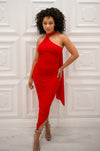 Halter bodycon ruched midi dress with attached neck scarf