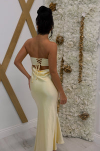 Straples satin maxi dress with curtain back and adjustable corset