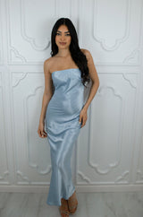 Strapless satin maxi dress with cutout back