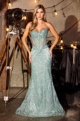  fitted evening gown, designed with a strapless sweetheart neckline and a dazzling sequin-embellished bodice 