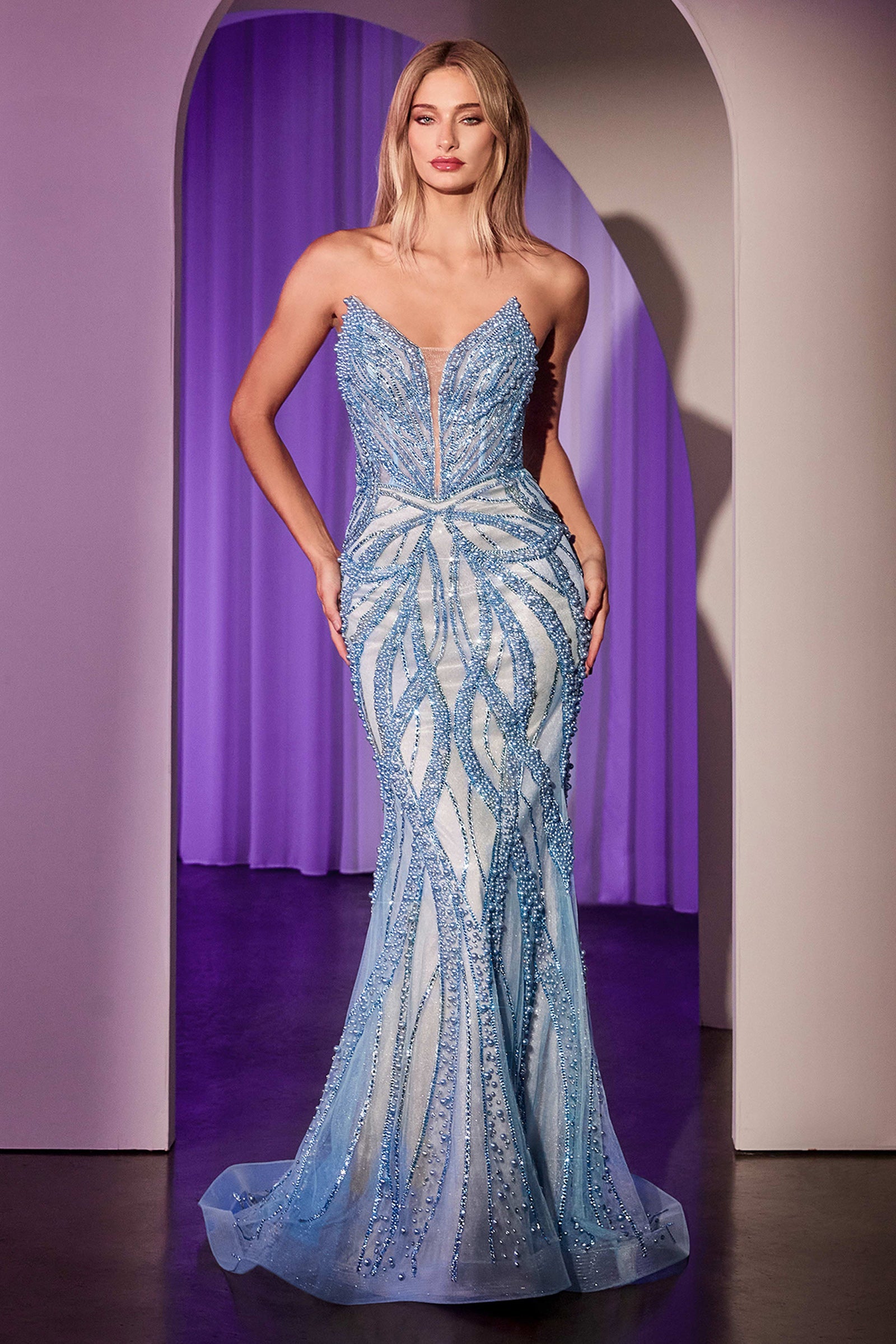 fitted strapless gown features a plunging neckline and an embellished contouring motif that beautifully enhances your silhouette