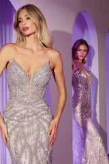 fitted strapless gown features a plunging neckline and an embellished contouring motif that beautifully enhances your silhouette