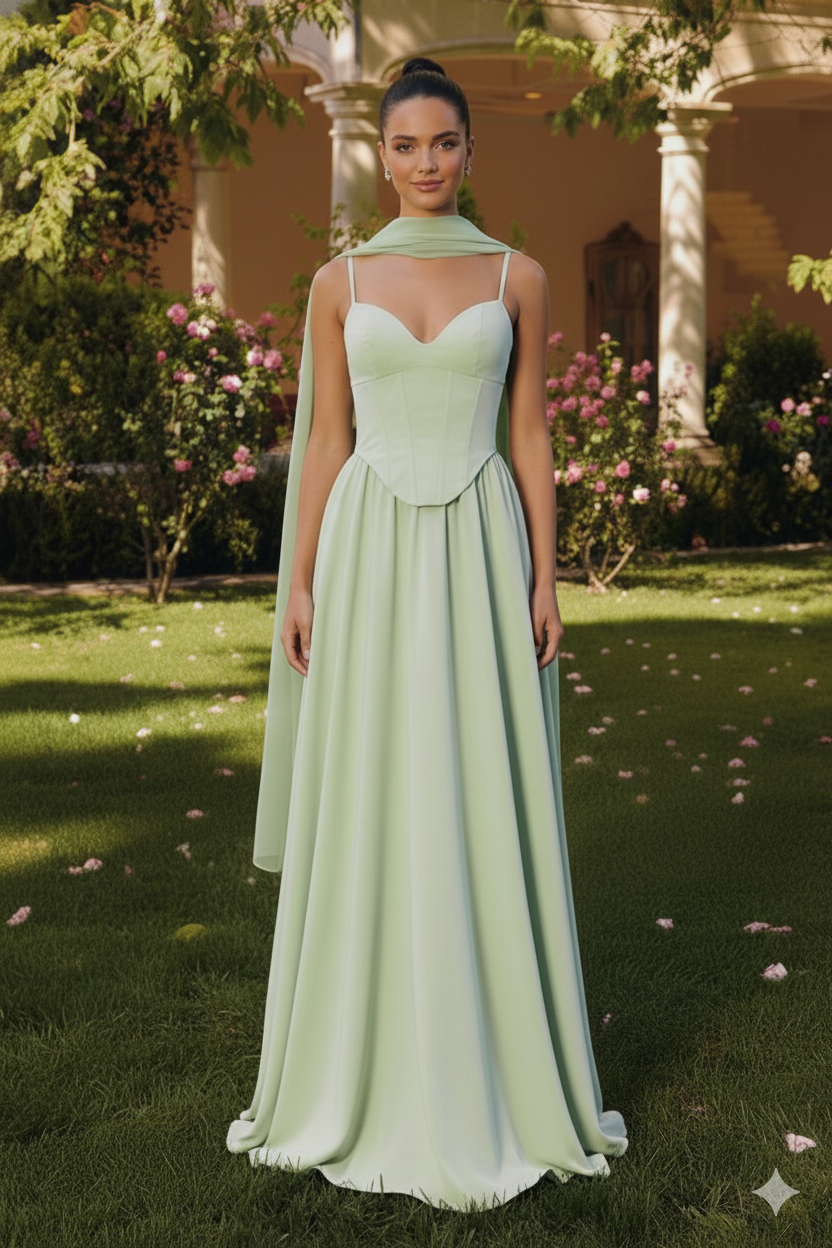 girl standing in sage gown 