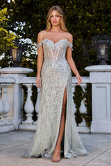 Off the shoulder sequin embellished maxi gown with side slit