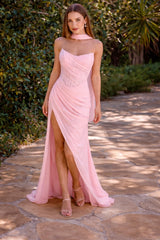 fitted chiffon dress features a strapless scoop neckline, paired with a graceful scarf detail and a gathered waistline