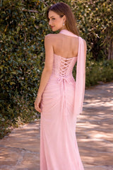 fitted chiffon dress features a strapless scoop neckline, paired with a graceful scarf detail and a gathered waistline