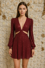 Burgundy sequin mini dress with cutouts and puff sleeves