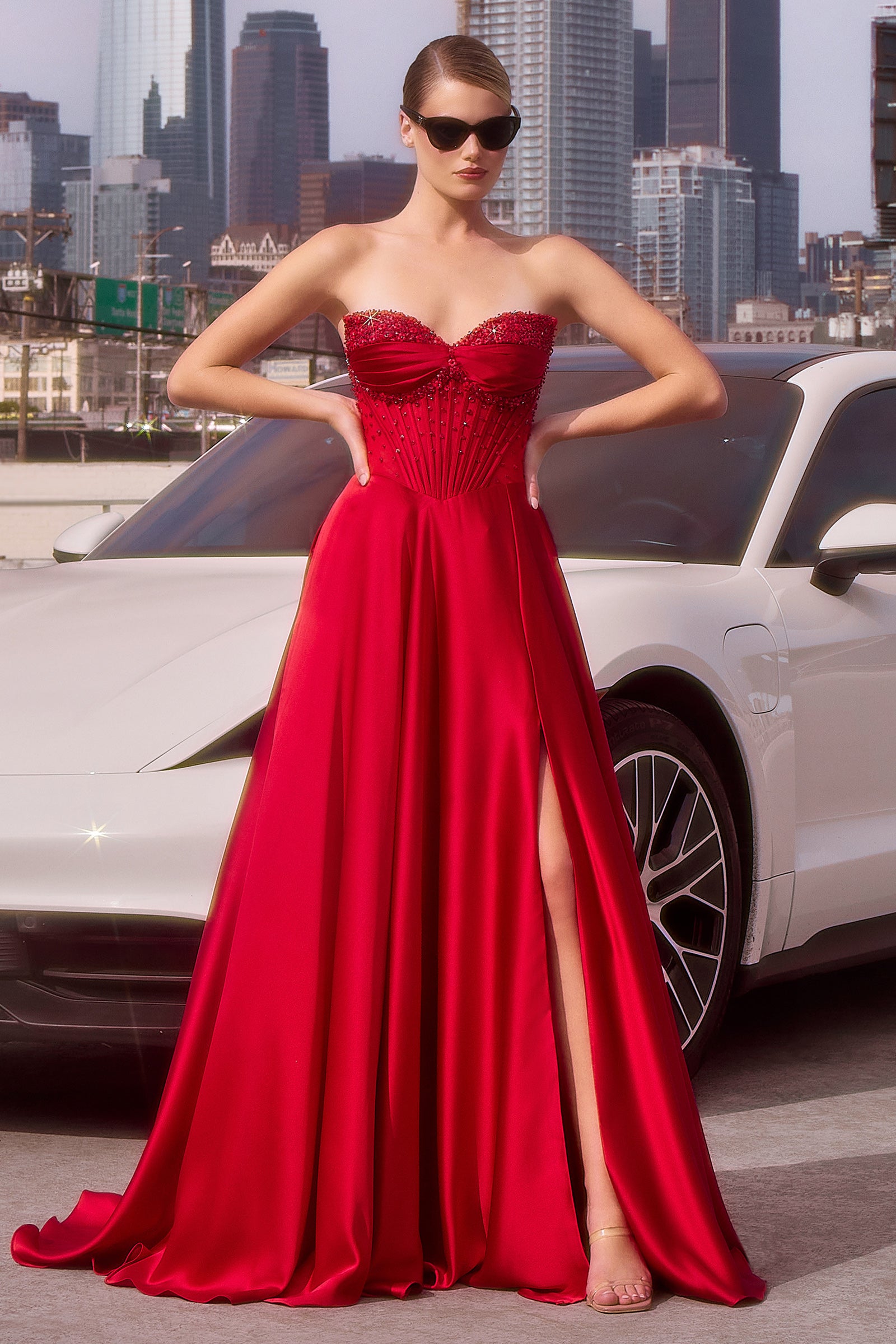 A-line gown combines a strapless sweetheart neckline with removable off-the-shoulder straps 