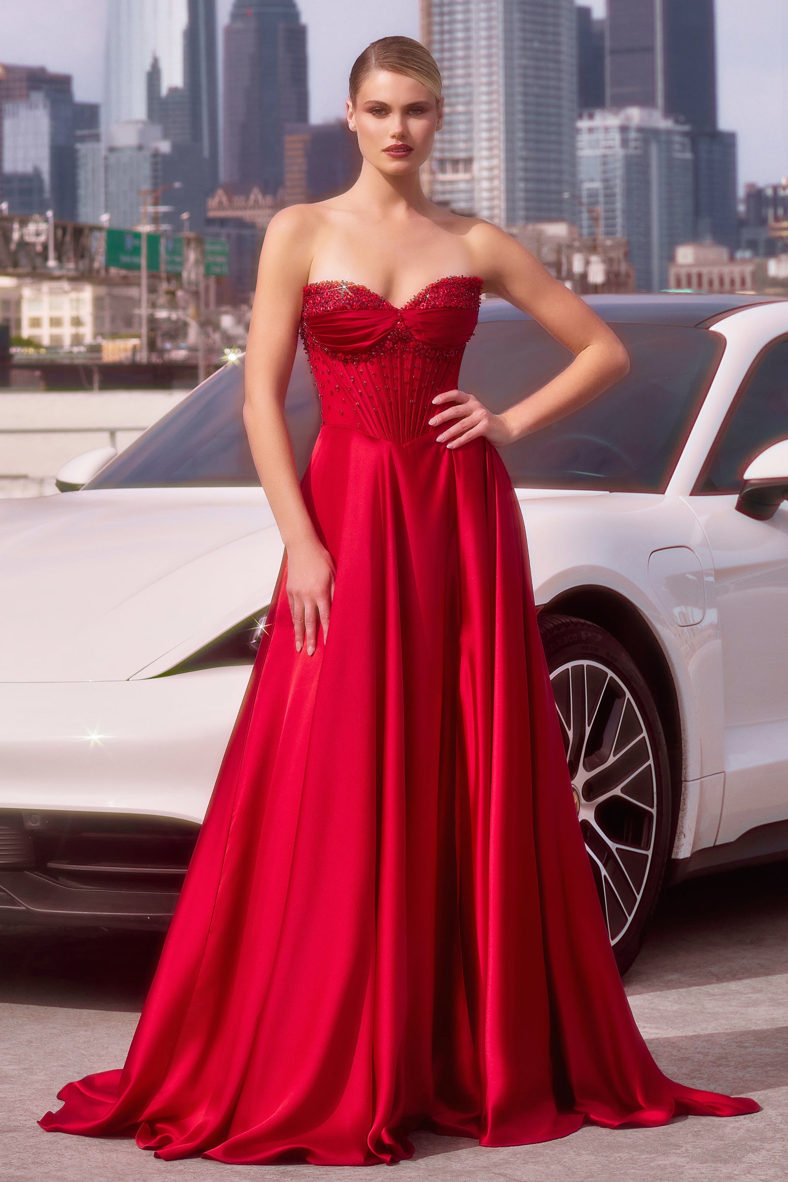 A-line gown combines a strapless sweetheart neckline with removable off-the-shoulder straps 