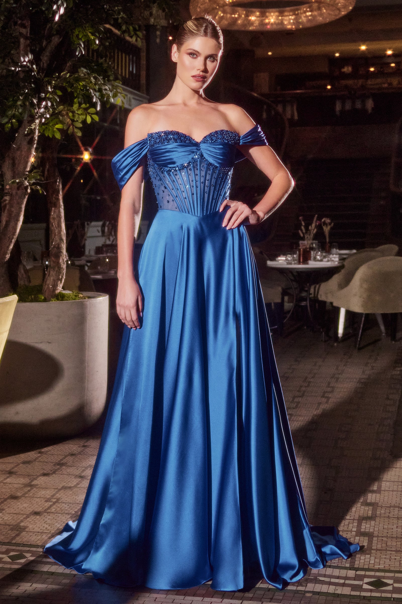 A-line gown combines a strapless sweetheart neckline with removable off-the-shoulder straps 